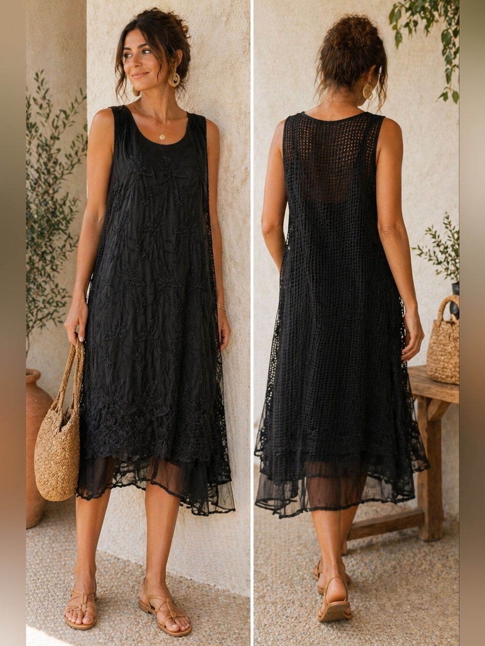 Black Embroidered Mesh Overlay Dress | Sleeveless Midi | EU 44 US L | Boho Sheer